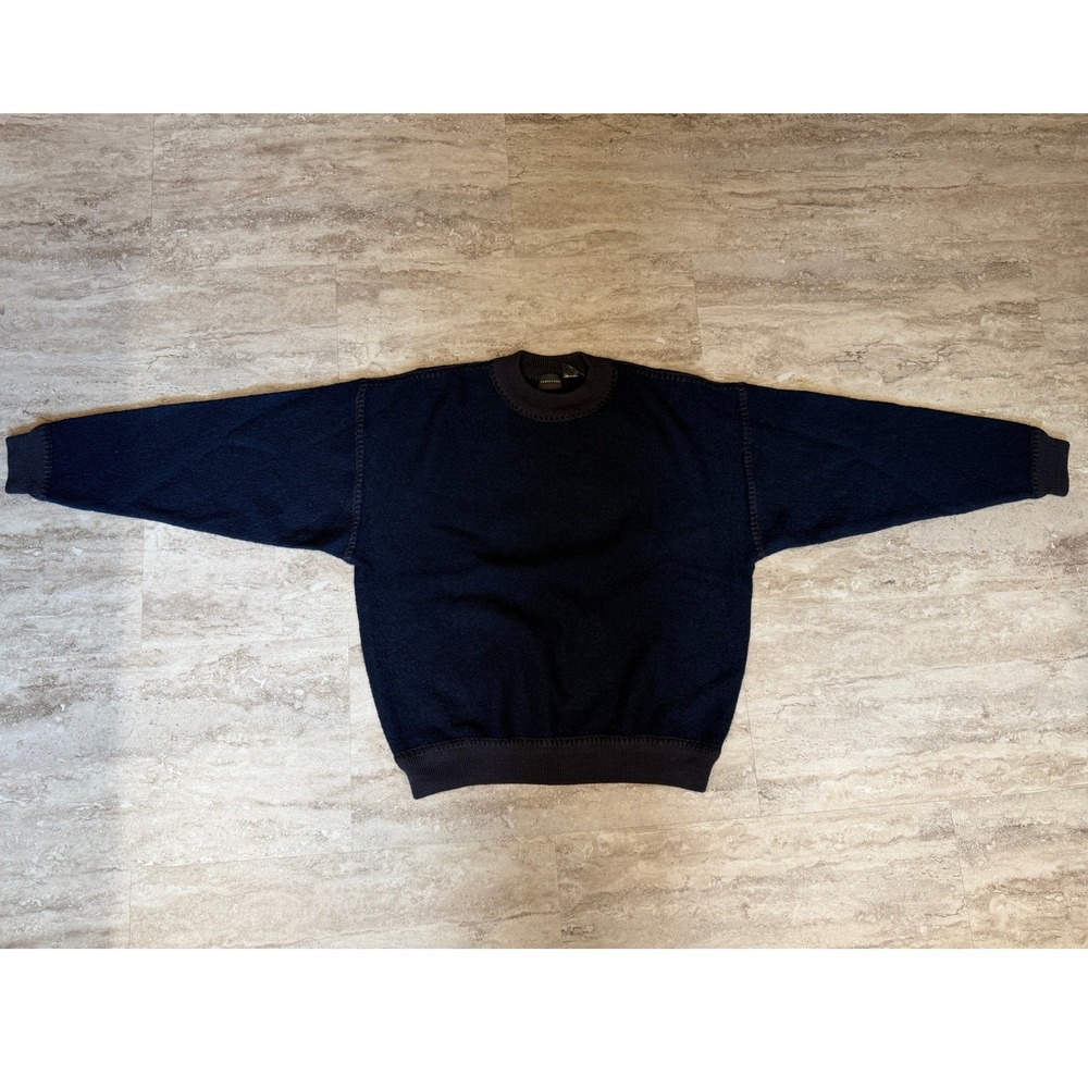 Vintage Structure Mens Navy Blue 100% Wool Crew Neck Sweater Size Large 90s Boxy